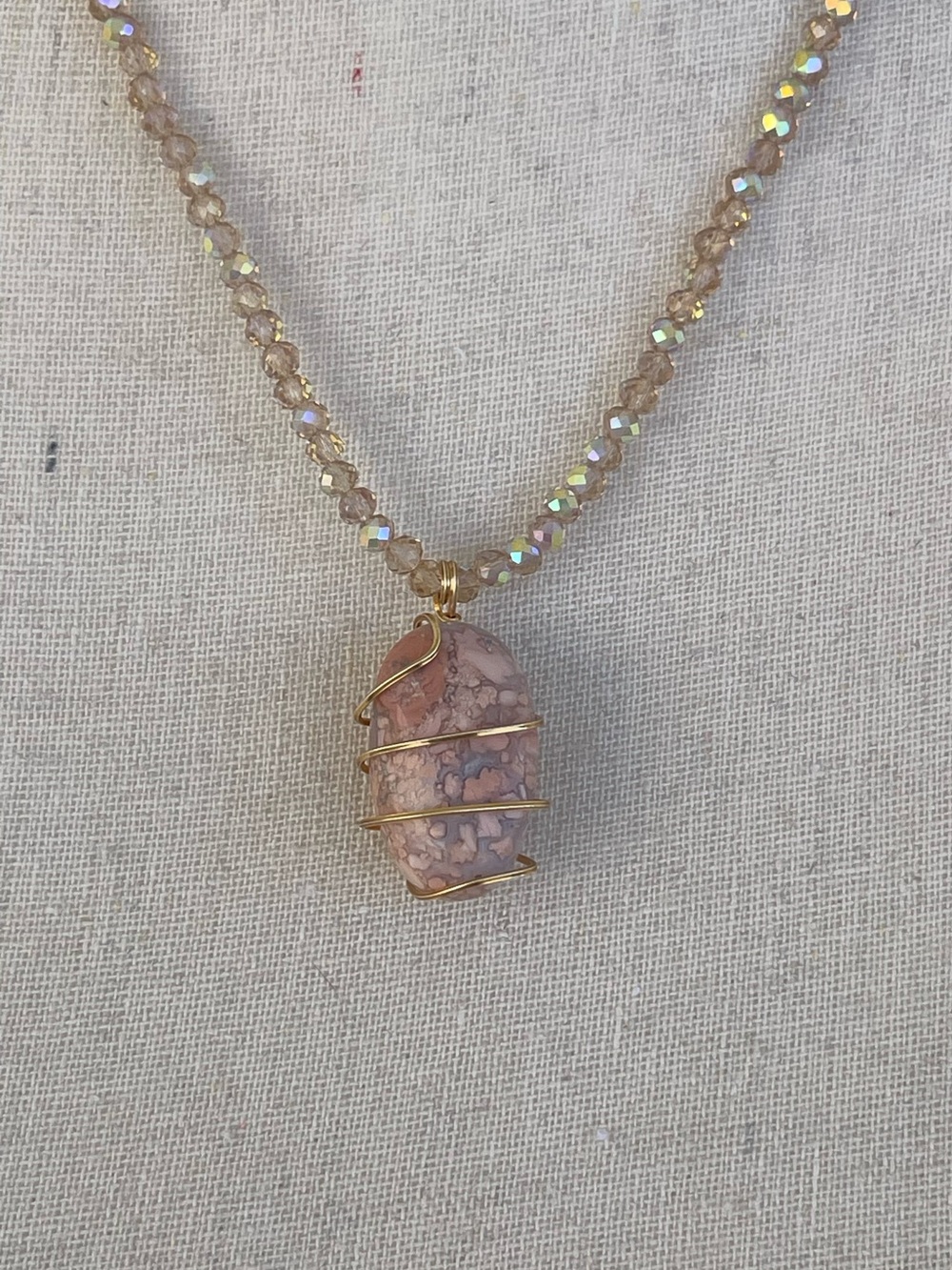 Cotton Candy Agate Gold Tone Wire Wrap on Champagne Glass Beads Pink & White - Picture 4 of 5